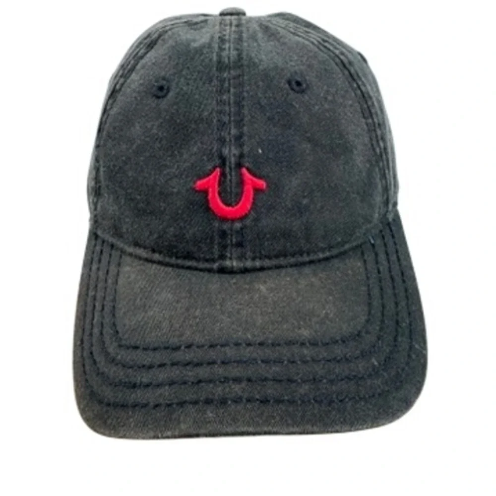 True Religion Hat Cap Black Red Mens OSFA Horseshoe Distressed Faded Strapback